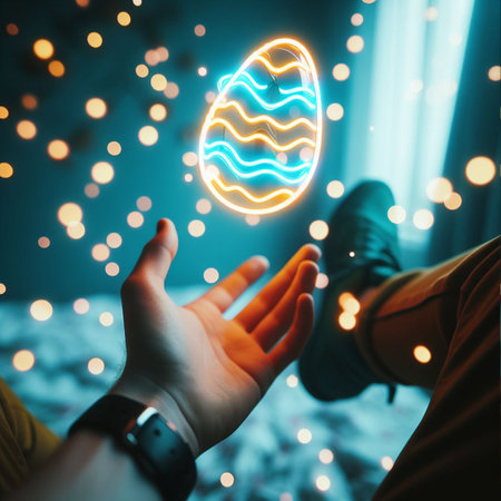 a neon Easter egg being held or tossed in the airの素材