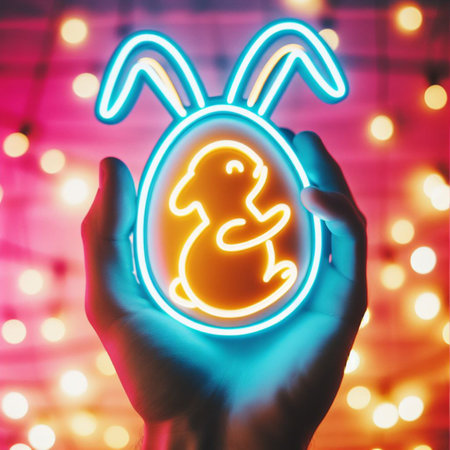 a neon Easter egg being held or tossed in the airの素材