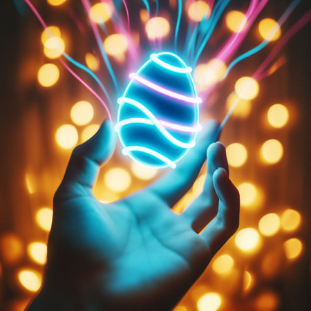a neon Easter egg being held or tossed in the airの素材