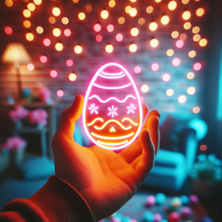 a neon Easter egg being held or tossed in the airの素材