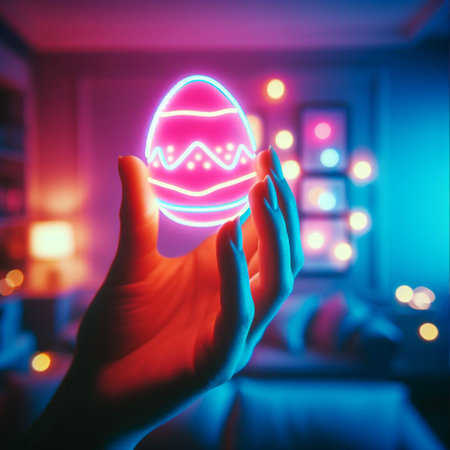 a neon Easter egg being held or tossed in the airの素材