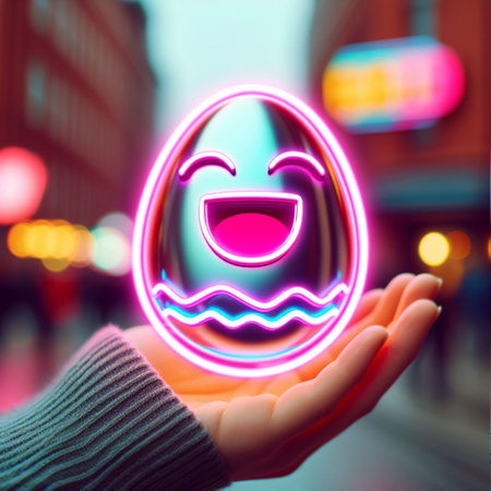 a neon Easter egg being held or tossed in the airの素材