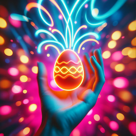 a neon Easter egg being held or tossed in the airの素材