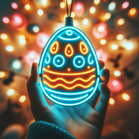 a neon Easter egg being held or tossed in the airの素材