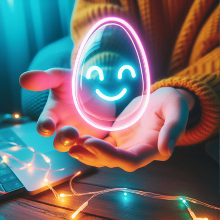 a neon Easter egg being held or tossed in the airの素材