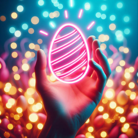 a neon Easter egg being held or tossed in the airの素材