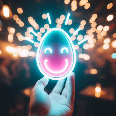 a neon Easter egg being held or tossed in the airの素材