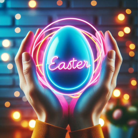 a neon Easter egg being held or tossed in the airの素材