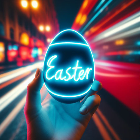 a neon Easter egg being held or tossed in the airの素材