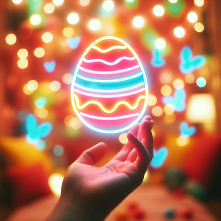 a neon Easter egg being held or tossed in the airの素材