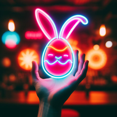 a neon Easter egg being held or tossed in the airの素材