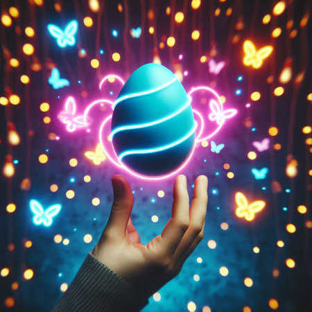 a neon Easter egg being held or tossed in the airの素材