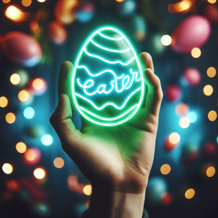 a neon Easter egg being held or tossed in the airの素材