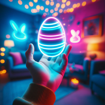 a neon Easter egg being held or tossed in the airの素材