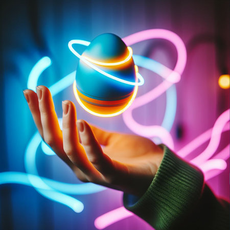 a neon Easter egg being held or tossed in the airの素材
