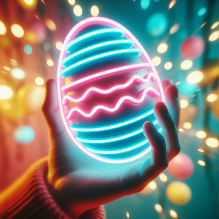 a neon Easter egg being held or tossed in the airの素材