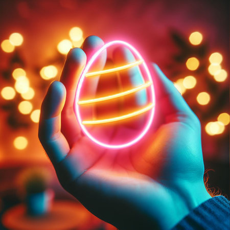 a neon Easter egg being held or tossed in the airの素材