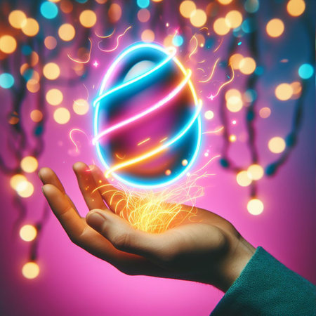 a neon Easter egg being held or tossed in the airの素材