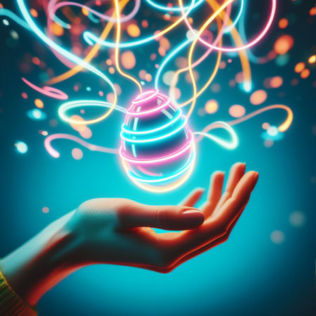 a neon Easter egg being held or tossed in the airの素材