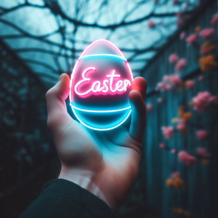 a neon Easter egg being held or tossed in the airの素材