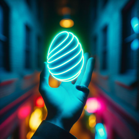 a neon Easter egg being held or tossed in the airの素材