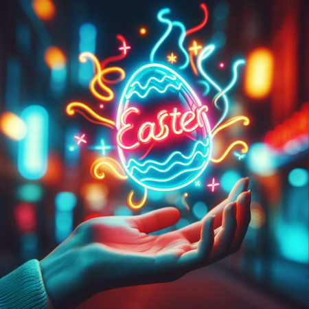 a neon Easter egg being held or tossed in the airの素材