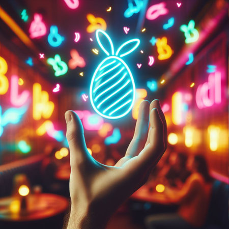 a neon Easter egg being held or tossed in the airの素材
