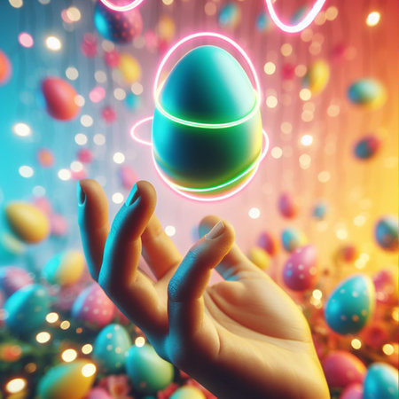 a neon Easter egg being held or tossed in the airの素材