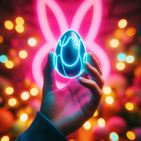 a neon Easter egg being held or tossed in the airの素材
