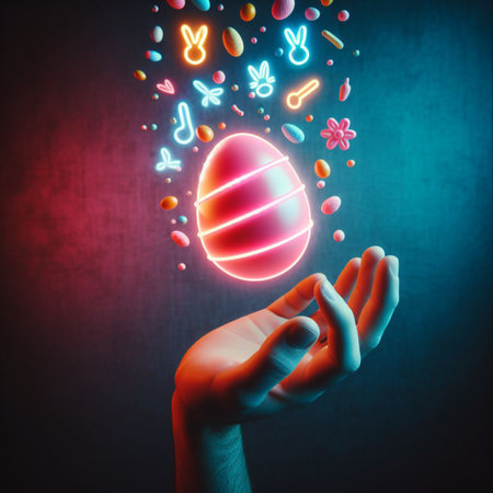 a neon Easter egg being held or tossed in the airの素材