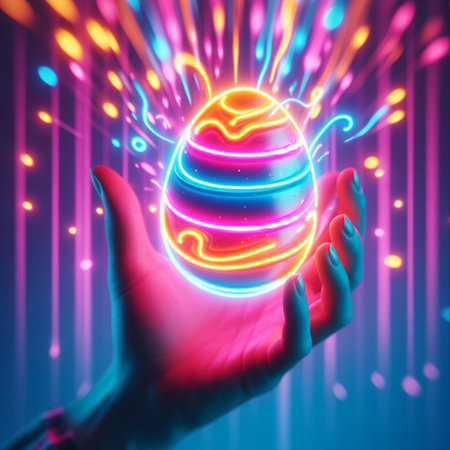 a neon Easter egg being held or tossed in the airの素材