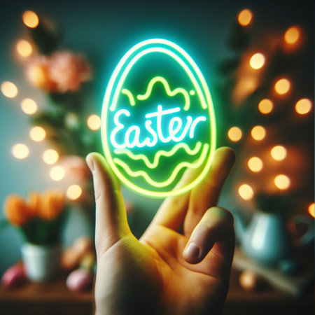 a neon Easter egg being held or tossed in the airの素材