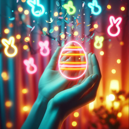 a neon Easter egg being held or tossed in the airの素材