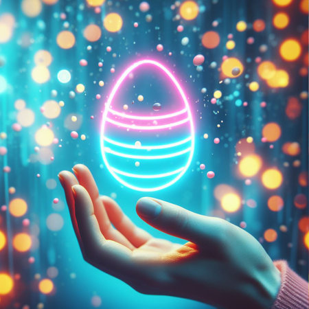 a neon Easter egg being held or tossed in the airの素材