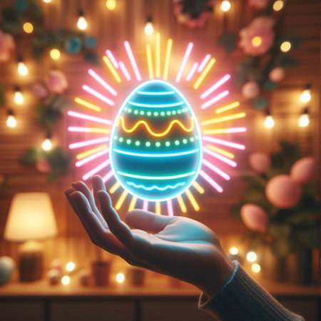 a neon Easter egg being held or tossed in the airの素材
