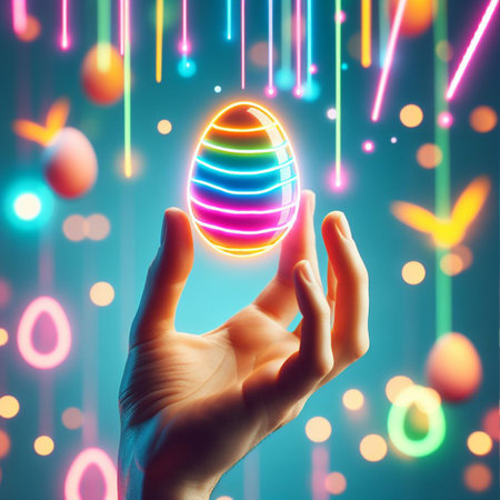 a neon Easter egg being held or tossed in the airの素材