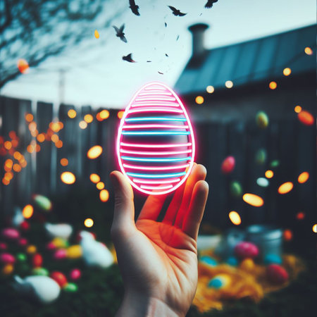 a neon Easter egg being held or tossed in the airの素材