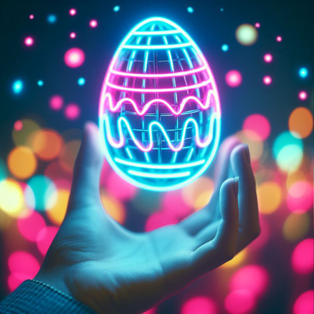 a neon Easter egg being held or tossed in the airの素材