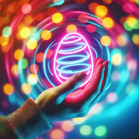 a neon Easter egg being held or tossed in the airの素材