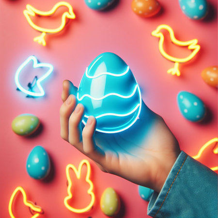 a neon Easter egg being held or tossed in the airの素材