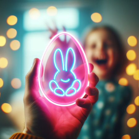 a neon Easter egg being held or tossed in the airの素材