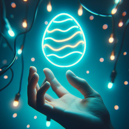 a neon Easter egg being held or tossed in the airの素材