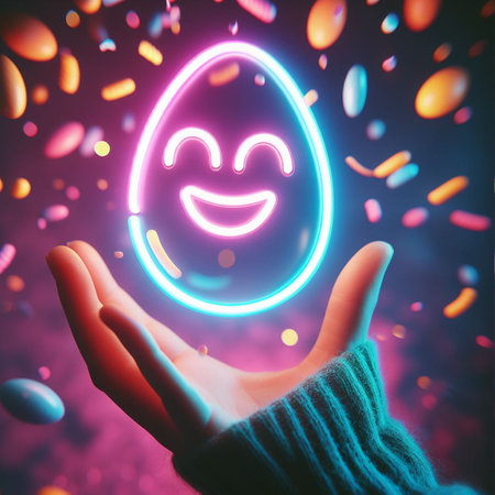 a neon Easter egg being held or tossed in the airの素材