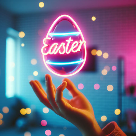 a neon Easter egg being held or tossed in the airの素材