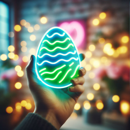 a neon Easter egg being held or tossed in the airの素材