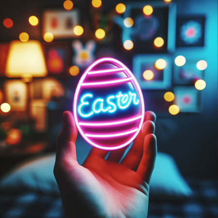 a neon Easter egg being held or tossed in the airの素材