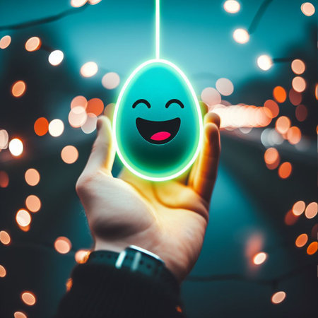 a neon Easter egg being held or tossed in the airの素材