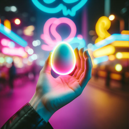 a neon Easter egg being held or tossed in the airの素材