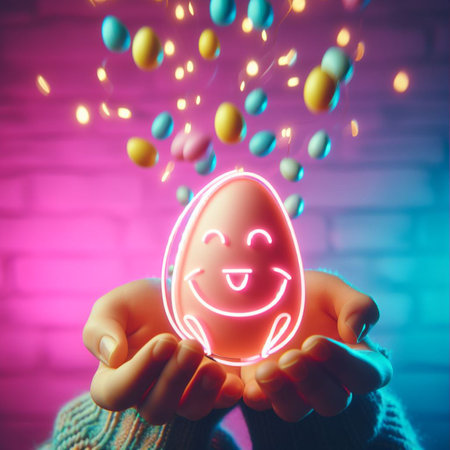 a neon Easter egg being held or tossed in the airの素材