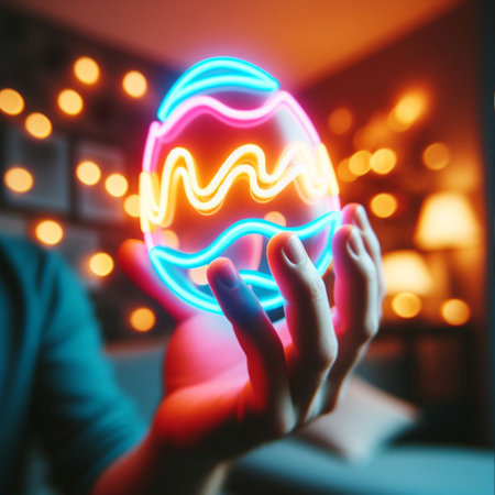 a neon Easter egg being held or tossed in the airの素材